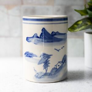 New ListingVintage Cachepot Vase Large Blue White Pottery Chinoiserie Brush Pot Asian 5 3/8