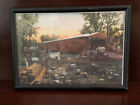 Vintage Framed Hand Tinted Photograph of Covered Bridge Being Repaired?