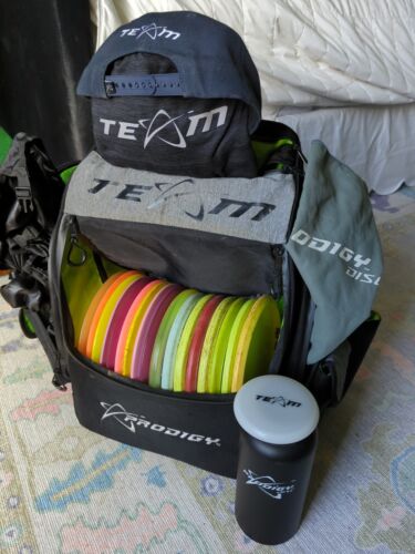 Prodigy Team Disc Golf Bag BP-2 V3 + 17 Bar Stamp Discs, Mini, Bottle, Apparel