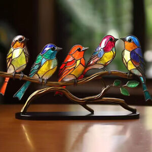 Stained Acrylic Birds on Branch Desktop Ornaments, Double Sided Multicolor Style