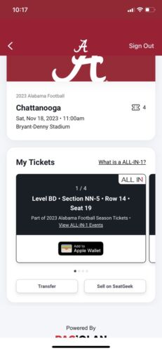 4 - Chattanooga vs. Alabama Football Tickets Section NN-5, Row 14, Seats 19-22
