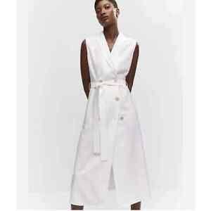 MNG White Women's Belted Midi Sleeveless Blazer Dress Button 0 NOWT Pockets