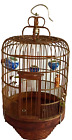 ASIAN BAMBOO/TEAK WOOD SLATED BIRD CAGE W/4 PORCELAIN FEED CUPS. ANTIQUE/VINTAGE