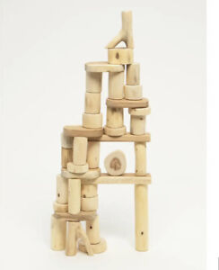 36 Piece Wooden Tree Blocks Barkless Real Wood Building Block Set W/Bag NATURAL