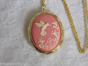Wedding Pink Hummingbird Bird Locket Necklace Anniversary Photo Memory Box Gold