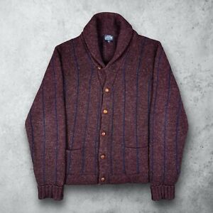 Vintage 80s Lands End Striped Shawl Collar Wool Cardigan Sweater Men's Large