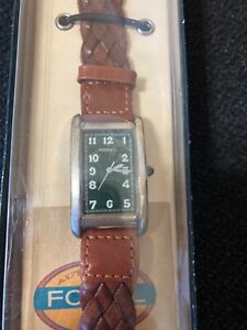 Fossil Watch Women Green Tone Rectangle Dial Brown Leather Band New