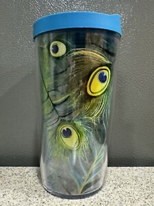 New ListingTervis 16 Oz Peacock Feathers Tumbler Blue Lid in VGC
