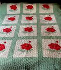 Antique Quilt Red Roses Appliqué and Embroidery Circa 1930-50