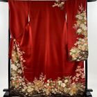 Woman Japanese Kimono Furisode Silk Flower Cart Wave Gold Foil Red