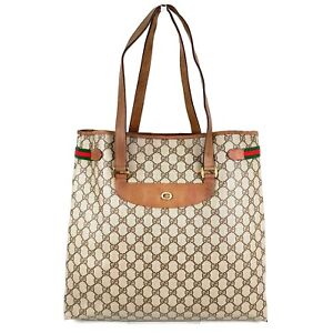 Vintage GUCCI Tote Hand Bag Sherry Line Beige PVC Leather Authentic