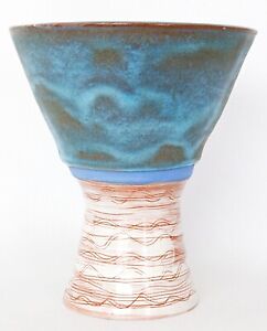 New ListingColorful Striped Studio Pottery Vase Tall Pedastal Base Signed