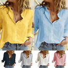 Womens Linen Cotton Shirt Button Up Tops Long Sleeve Casual Loose Blouse Casu