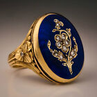 Vintage Women Blue Victorian Enamel Carved Flower Ring Bridal Wedding Jewelry