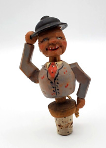 Vintage Anri Bottle Stopper Mechanical Wood Carved Man Tipping Hat Pull String