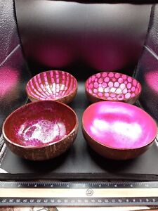 Coconut Bowl Set Of 4 Hot Pink 2 W/shell Inlay