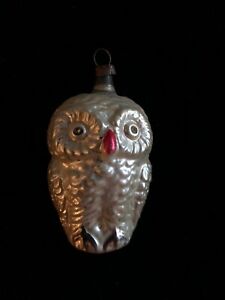 Antique GERMAN Blown Glass OWL BIRD Christmas ORNAMENT Vintage EMBOSSED Figural