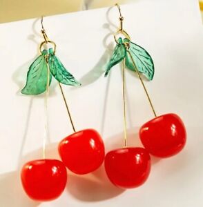 Cherry Dangle Earrings - Resin Lightweight Red Cherries Leaves Rockabilly Retro