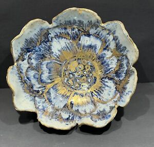 New ListingVintage Rare Studio Pottery Bowl Hand Made & Hand Painted Ruffled Edge Blue Gold