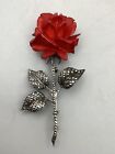 Beautiful Red Rose Pin Brooch, Sterling Silver Marcasite Germany