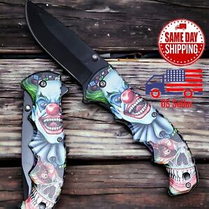 8.25” Scary Clown Print Tactical Folding Pocket Knife Hunting Camping Woodwork