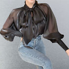 Elegant Womens Chiffon Bow Loose Tops Blouses Puff Sleeve Korean Casual Shirts