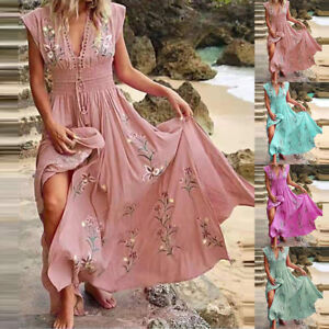 Womens Boho Floral Maxi Dress Ladies V Neck Summer Beach Holiday Long Sundress