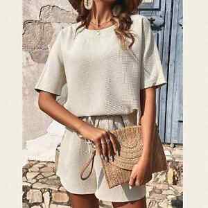 NEW 2pc Set Waffle Knit Tee & Tie Front Shorts Beige Size M