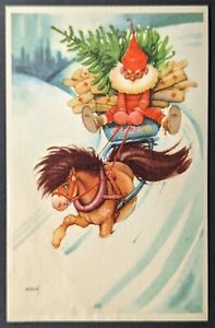 Postcard Vintage Christmas Santa Claus Sleigh Pulled by Donkey Pony Tree