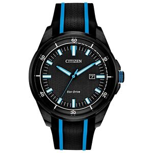 Citizen Eco-Drive Men's Calendar Black Blue Sport Silicone Watch 45MM AW1605-09E