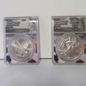 New Listing2021 Silver Eagle Type 1 and 2 ANACS-MS70 First Strike (both coins for the price