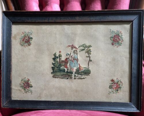 Antique Paper Punch Sampler Pictorial, Floral Corners, Couple Church Landscape