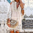 Embroidery Crochet Lace Boho Dress Womens Tassel Ruffle Skirt V-Neck Beach Dress