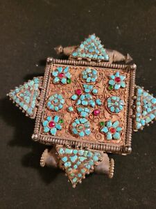 rare antique Tibetan Ghau amulet silver box with turquoise and gold encrusted