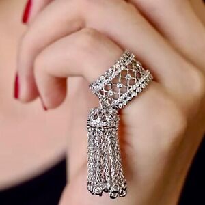 14k Platinum Plated Haute Couture Fringe Tassel Ring made w Swarovski Crystal