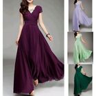 Womens Chiffon Long Formal Prom Evening Dress Party V-Neck Short Sleeve Cocktail