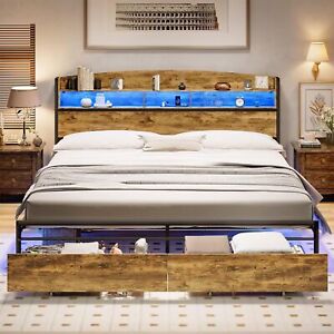 Full/Queen/King Bed Frame with Headboard Metal Platform Bed with Storage Drawers