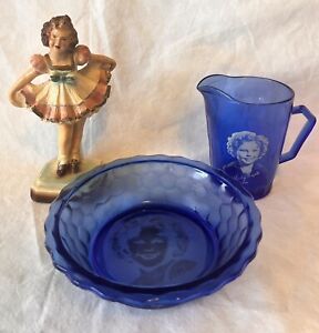 Lot Shirley Temple Cobalt Blue Glass Creamer Pitcher Bowl & Figurine