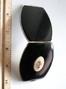Vintage ART DECO Black Enamel Guilloche Rose Compact purse 24K Gold plate BB CO