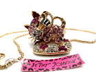 Betsey Johnson Cat Pendant Crystal Rhinestone Necklace Articulated 3 Dimesional