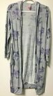No BoundariesGray Purple Roses Open Front Long Hooded Cardigan Side Pockets  ZZ