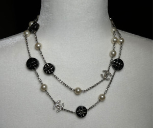 CHANEL Silver, Lucite & Black Crystals, LOGO Rhinestone & Pearly White Necklace
