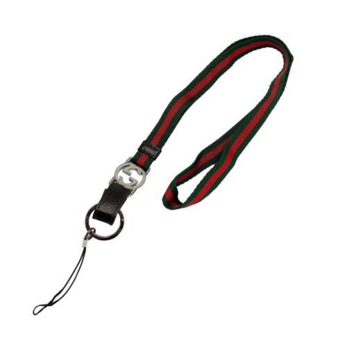 GUCCI ID Lanyard Neck strap Sherry Line Canvas Leather Red Green Silver Plated