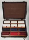 VINTAGE WOOD BOXED CASE OF CARD PLAYING POKER CHIPS WITH FLIP CLOSERS