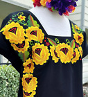 Mexico: Linen Black Blouse Tunic Yellow Floral Embroidery Short Sleeve Relax Fit