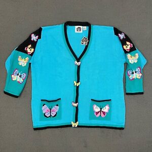 Storybook Knits Cardigan Sweater Womens 3X Blue Colorful Butterfly Cute Casual