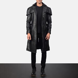 Mens Black Leather Trench Duster Coat