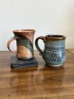 Vintage Mismatched Set of 2 Signed Studio Pottery Mugs, Shades of Blue and Brown