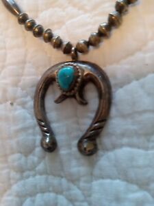 Sterling Silver Bench Bead Turquoise Choker Necklace Squash Blossom Native Amer