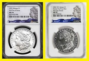 2021  MORGAN CC and P SILVER $1 DOLLAR NGC MS-70 FIRST DAY OF ISSUE BLUE LABEL